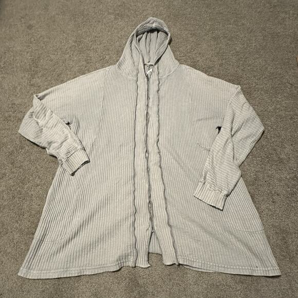 Soft Surroundings Large Hoodie Sweater Cotton Full Zip Pockets Walffle Knit Gray - Picture 1 of 7